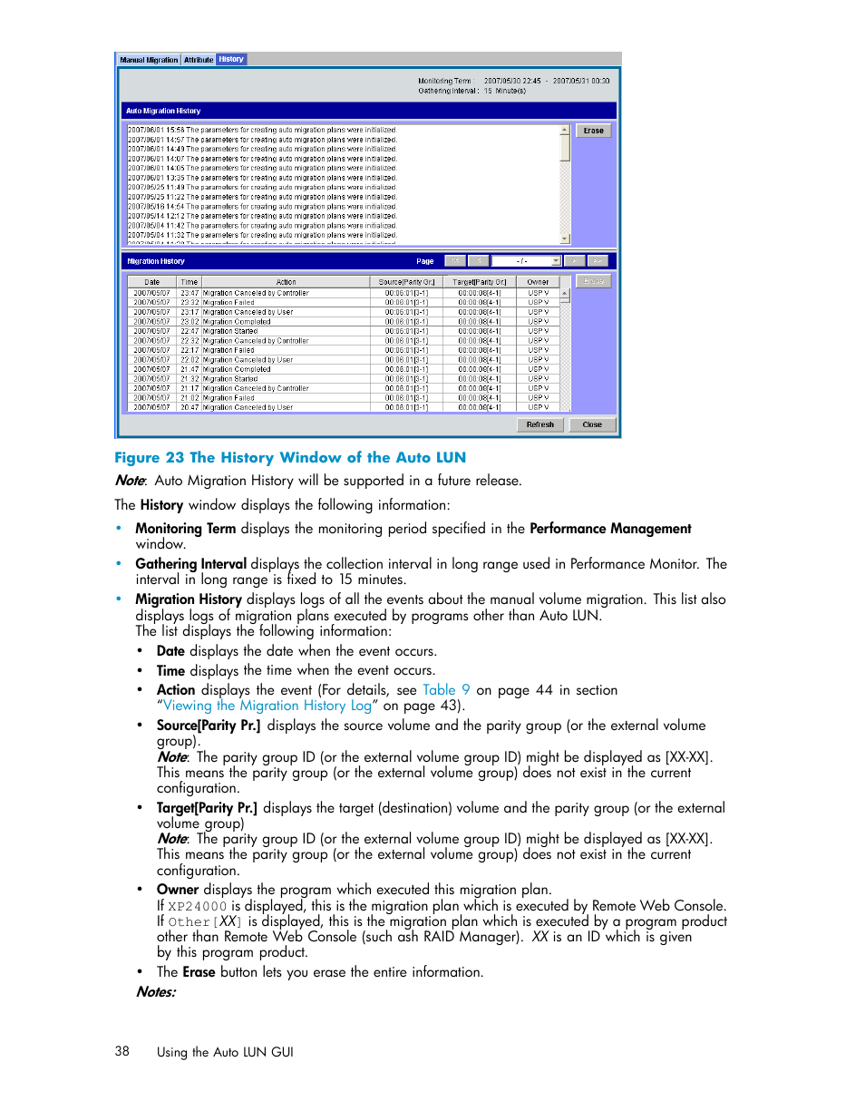 23 the history window of the auto lun | HP XP20000XP24000 Disk Array User Manual | Page 38 / 53