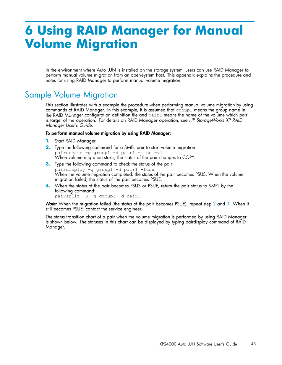 6 using raid manager for manual volume migration, Sample volume migration, Using raid manager for manual volume migration | HP XP20000XP24000 Disk Array User Manual | Page 45 / 53