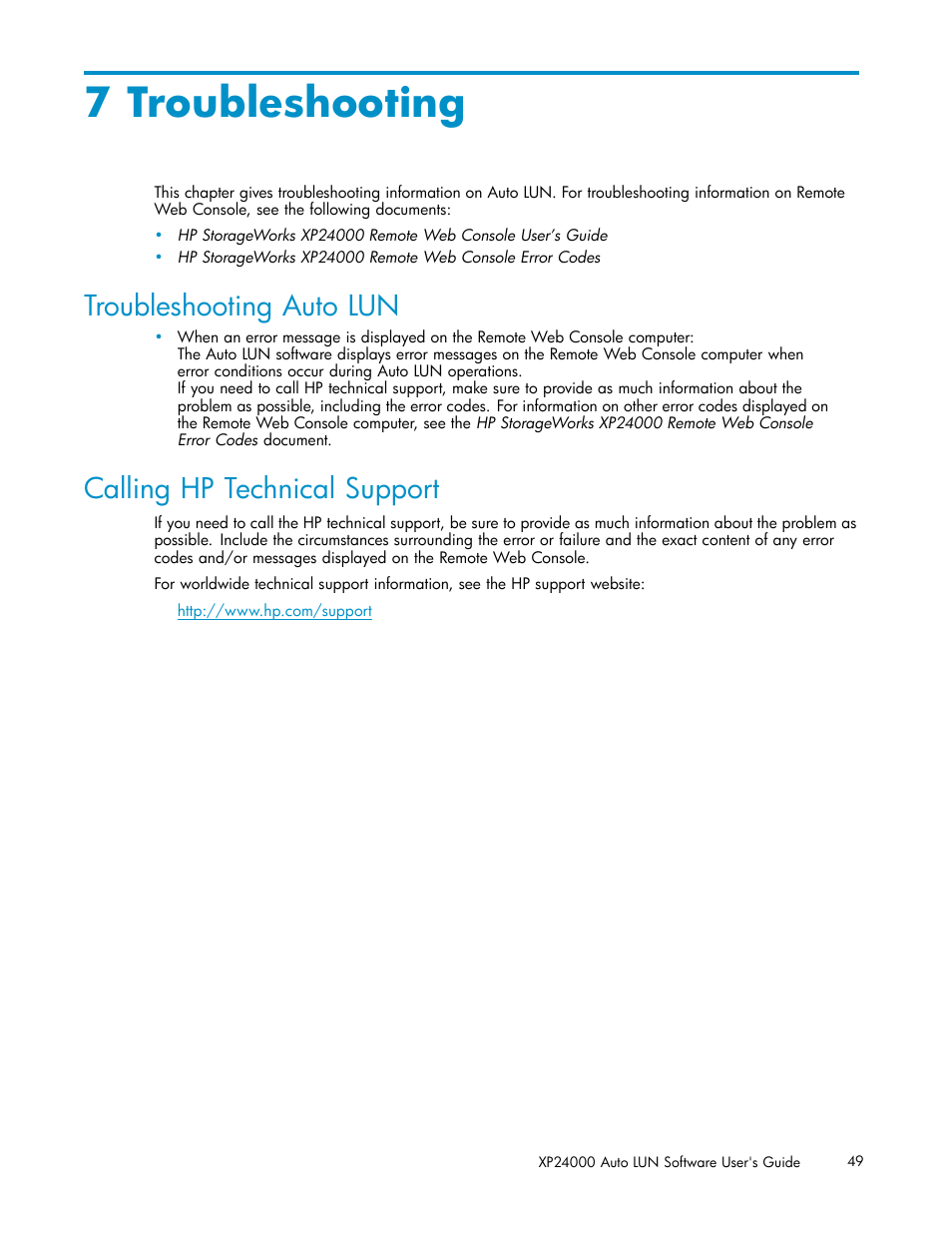 7 troubleshooting, Troubleshooting auto lun, Calling hp technical support | HP XP20000XP24000 Disk Array User Manual | Page 49 / 53