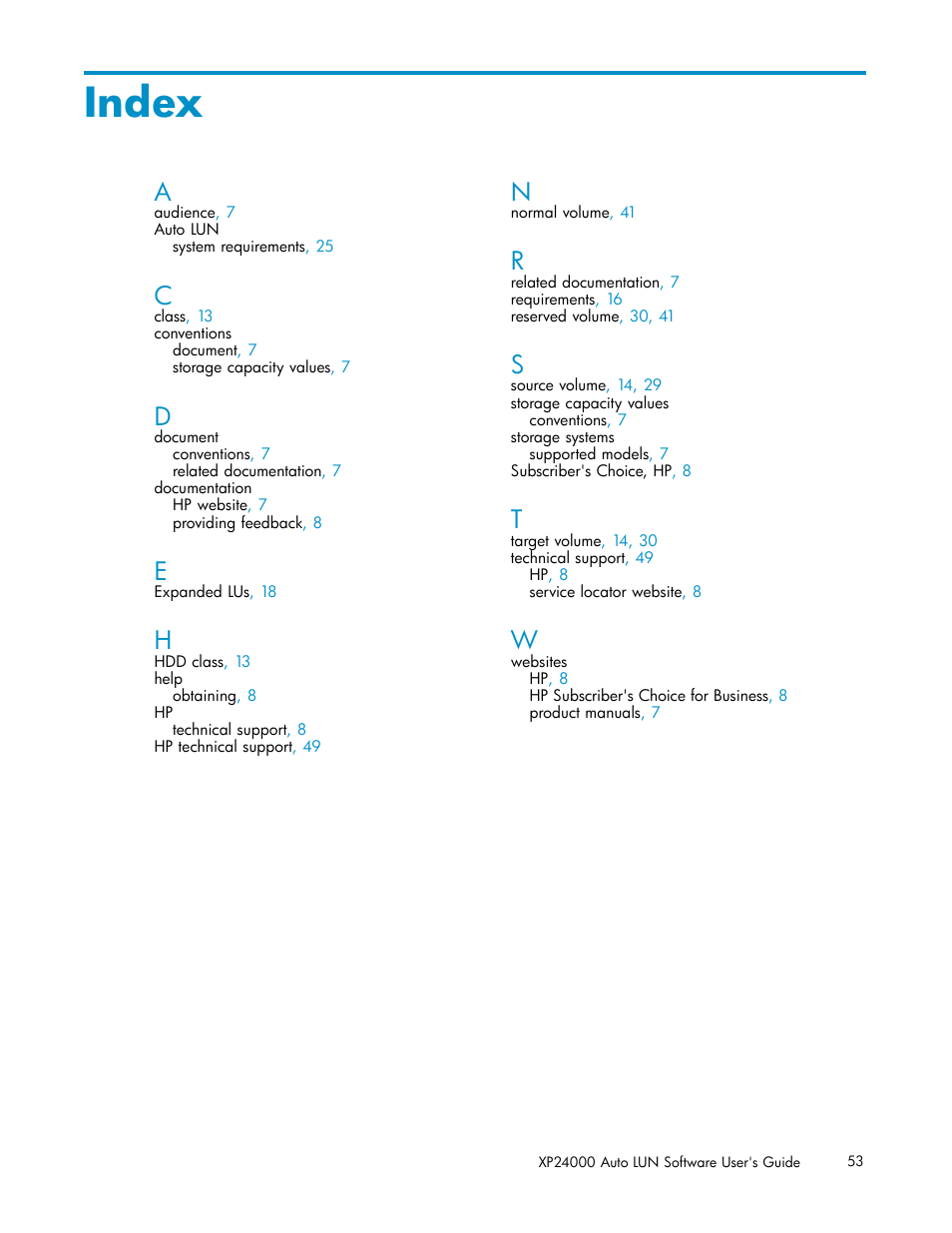 Index | HP XP20000XP24000 Disk Array User Manual | Page 53 / 53