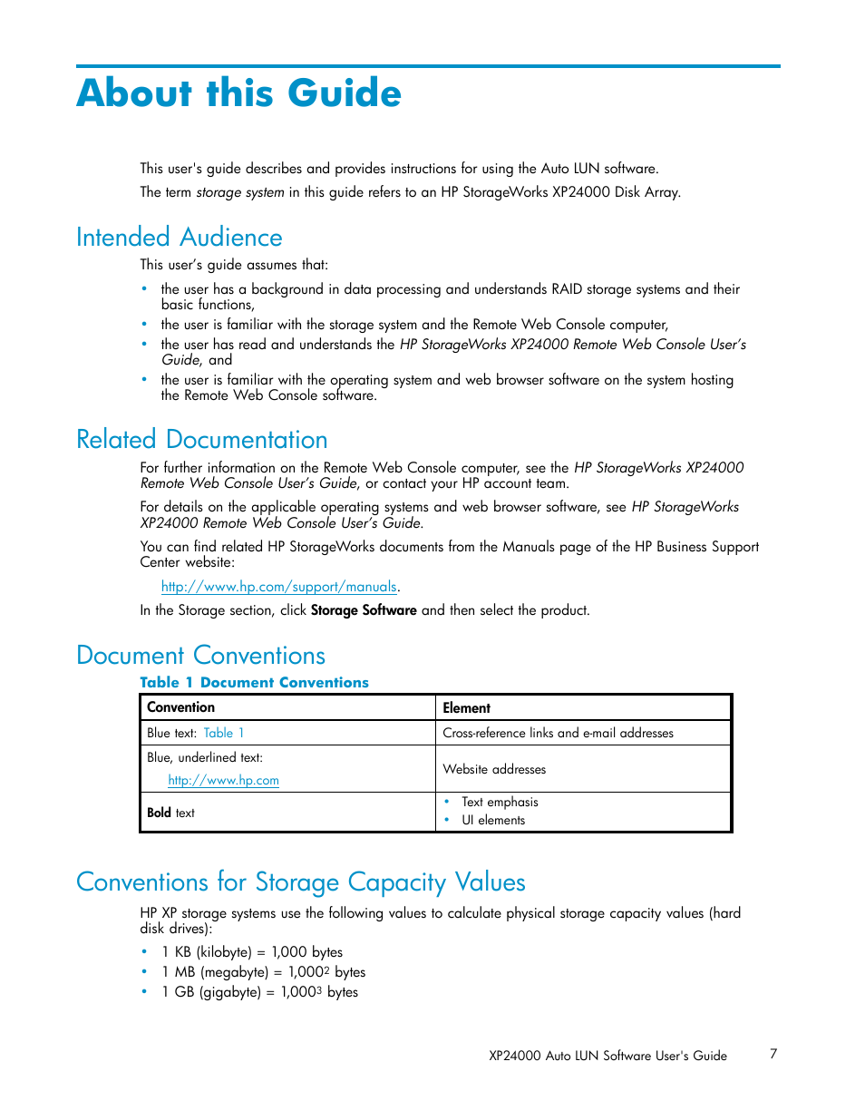 About this guide, Intended audience, Related documentation | Conventions for storage capacity values, Document conventions, 1 document conventions | HP XP20000XP24000 Disk Array User Manual | Page 7 / 53