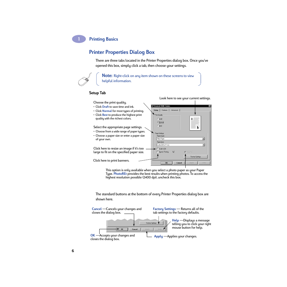 Printer properties dialog box, Setup tab, Printing basics | HP Deskjet 932c Printer User Manual | Page 12 / 74