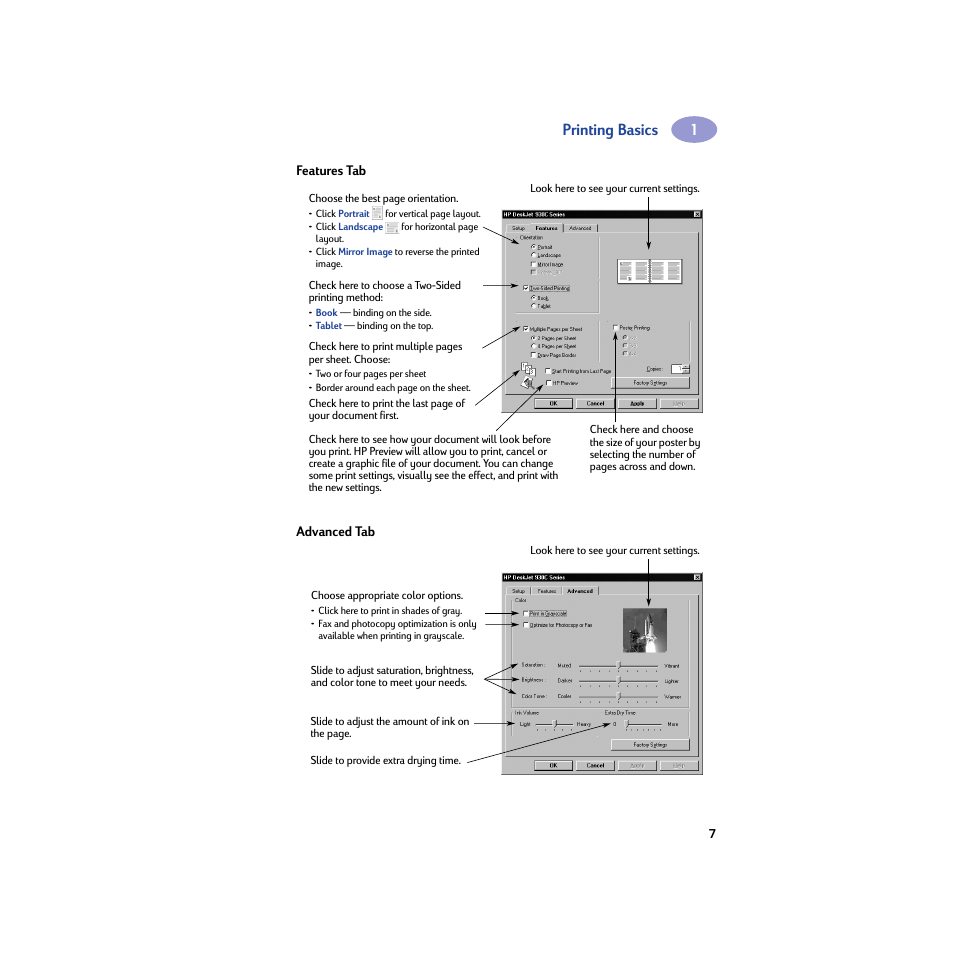 Features tab, Advanced tab, Printing basics | HP Deskjet 932c Printer User Manual | Page 13 / 74
