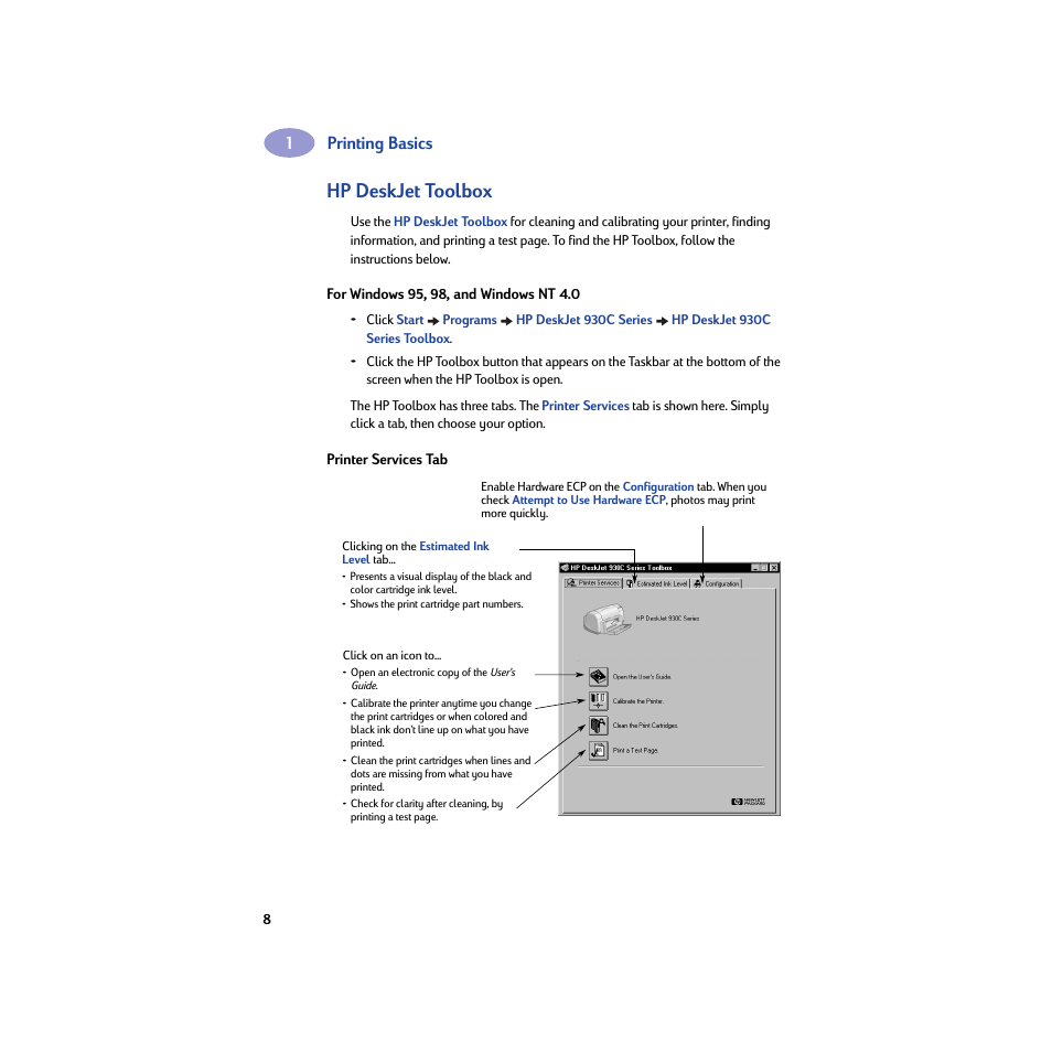 Hp deskjet toolbox, For windows 95, 98, and windows nt 4.0, Printer services tab | HP Deskjet 932c Printer User Manual | Page 14 / 74