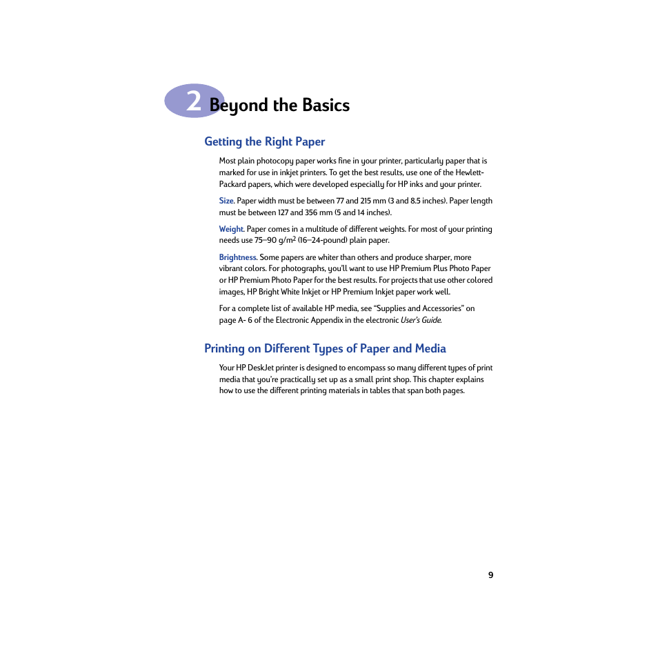 Beyond the basics, Getting the right paper, Printing on different types of paper and media | Chapter 2 beyond the basics | HP Deskjet 932c Printer User Manual | Page 15 / 74