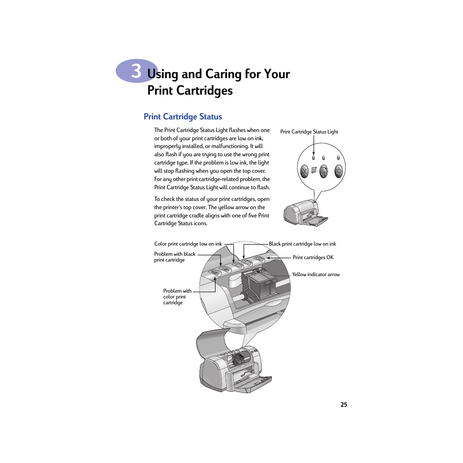 Using and caring for your print cartridges, Print cartridge status, Chapter 3 using and caring for your | Print cartridges | HP Deskjet 932c Printer User Manual | Page 31 / 74