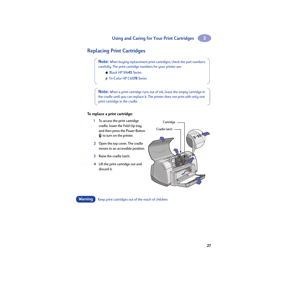 Replacing print cartridges, To replace a print cartridge | HP Deskjet 932c Printer User Manual | Page 33 / 74