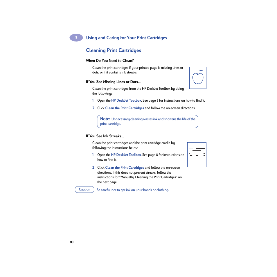 Cleaning print cartridges, When do you need to clean, If you see missing lines or dots | If you see ink streaks | HP Deskjet 932c Printer User Manual | Page 36 / 74