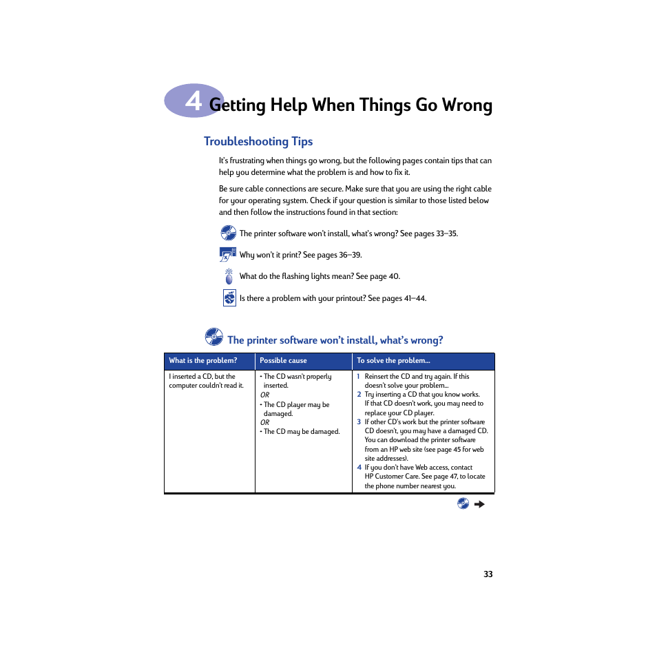 Getting help when things go wrong, Troubleshooting tips, Chapter 4 getting help when things go wrong | HP Deskjet 932c Printer User Manual | Page 39 / 74