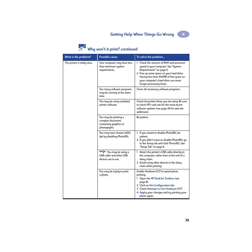 Getting help when things go wrong, Why won’t it print? continued | HP Deskjet 932c Printer User Manual | Page 45 / 74