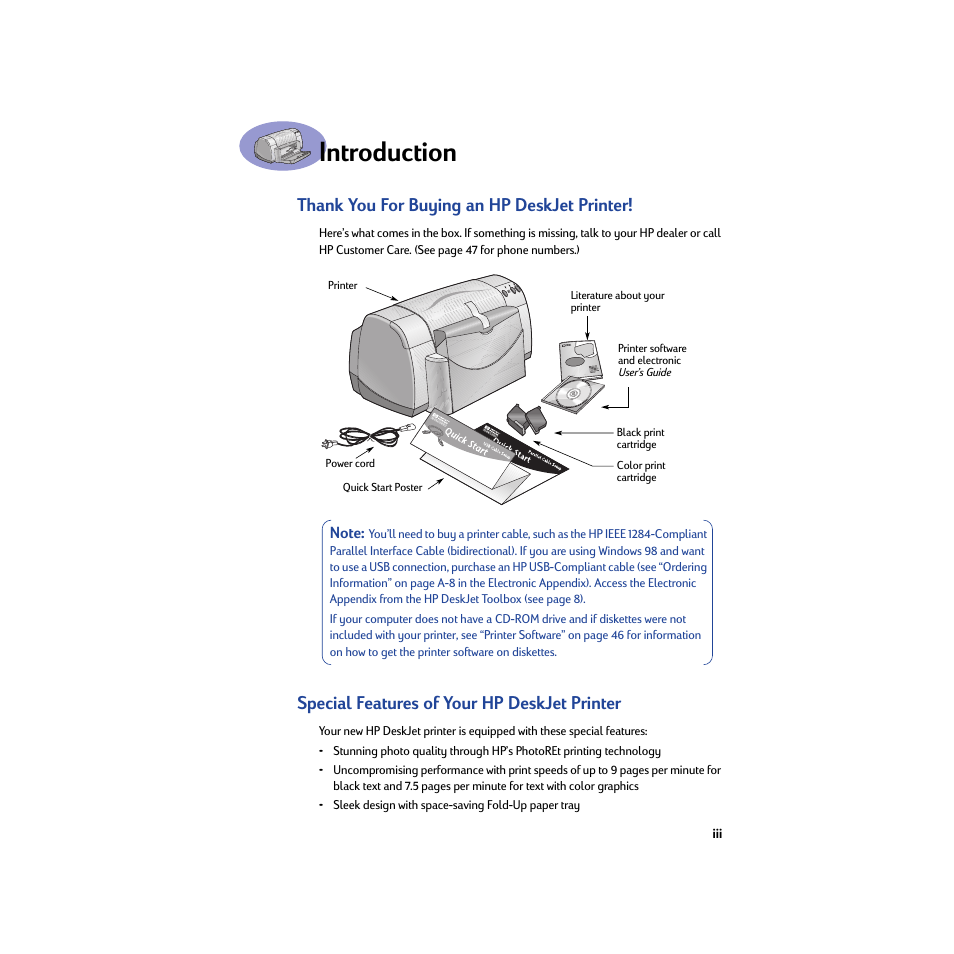 Introduction, Thank you for buying an hp deskjet printer, Special features of your hp deskjet printer | HP Deskjet 932c Printer User Manual | Page 5 / 74