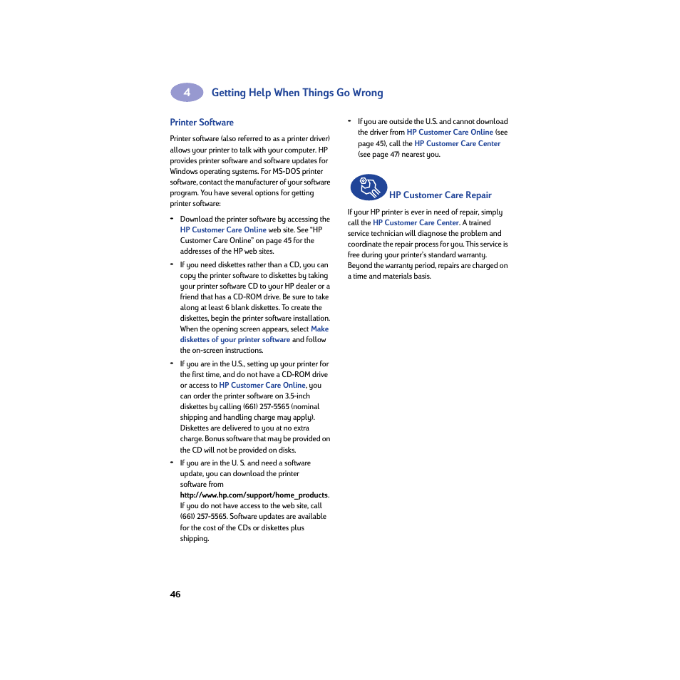 Printer software, Hp customer care repair | HP Deskjet 932c Printer User Manual | Page 52 / 74