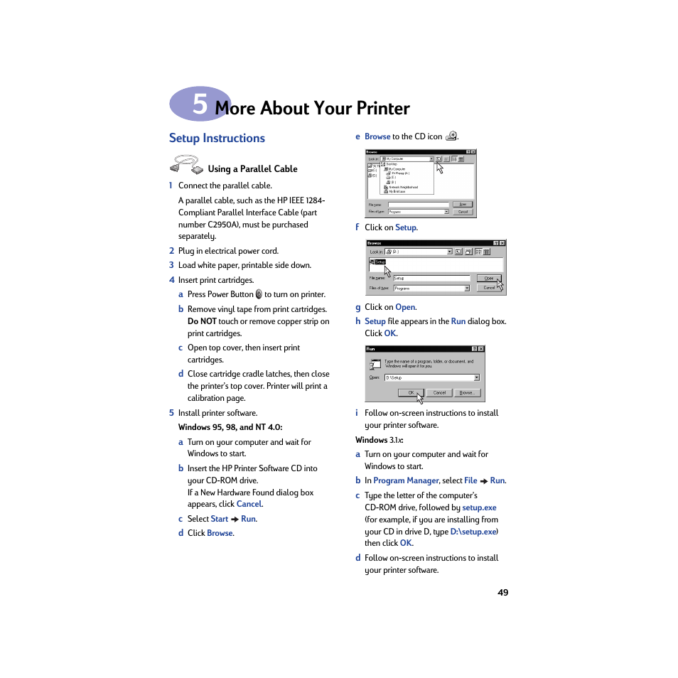 More about your printer, Setup instructions, Using a parallel cable | Chapter 5 more about your printer | HP Deskjet 932c Printer User Manual | Page 55 / 74