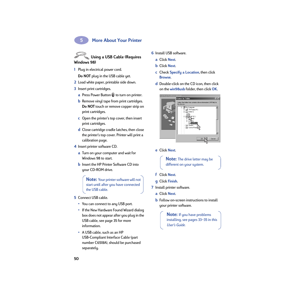 Using a usb cable (requires windows 98) | HP Deskjet 932c Printer User Manual | Page 56 / 74