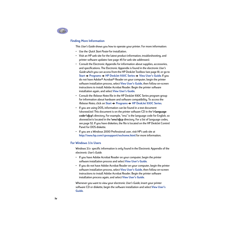 Finding more information, For windows 3.1x users | HP Deskjet 932c Printer User Manual | Page 6 / 74