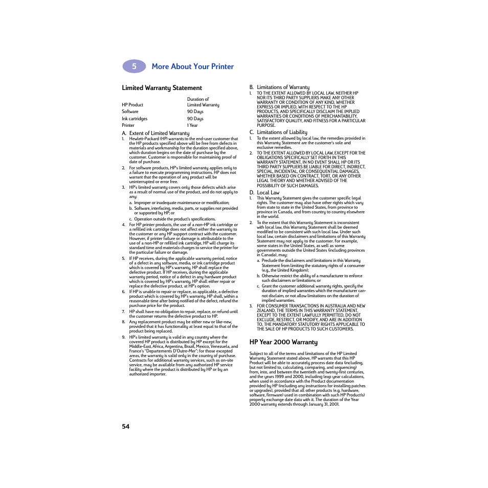 Limited warranty statement, Hp year 2000 warranty, More about your printer | HP Deskjet 932c Printer User Manual | Page 60 / 74