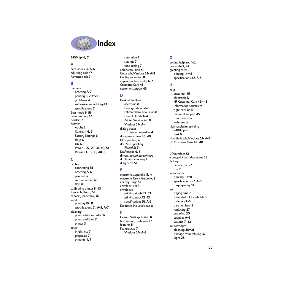 Index | HP Deskjet 932c Printer User Manual | Page 61 / 74