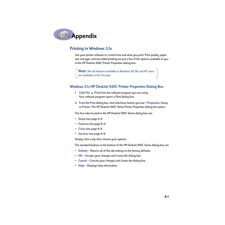 Electronic appendix, Printing in windows 3.1x, Appendix | HP Deskjet 932c Printer User Manual | Page 65 / 74