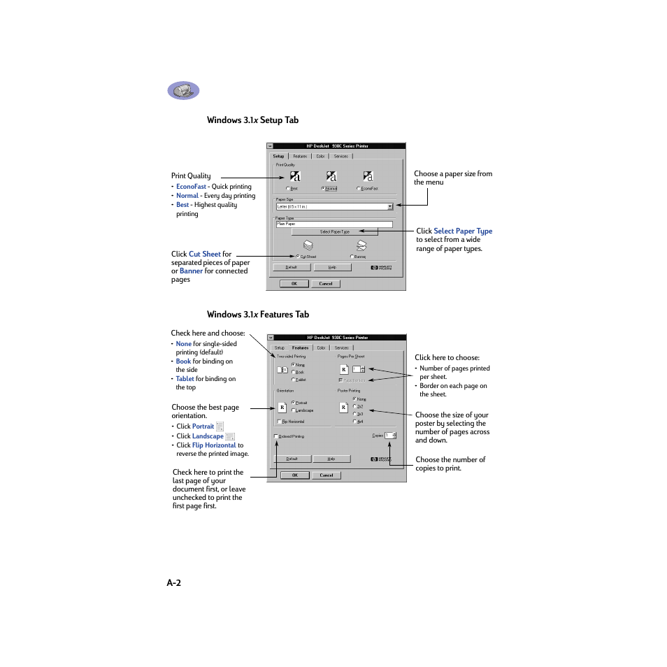 Windows 3.1x setup tab, Windows 3.1x features tab | HP Deskjet 932c Printer User Manual | Page 66 / 74