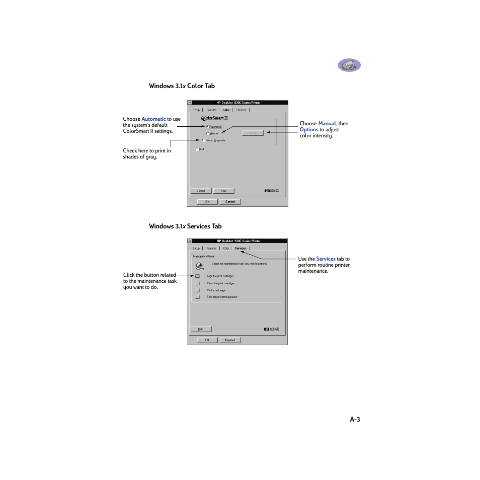 Windows 3.1x color tab, Windows 3.1x services tab | HP Deskjet 932c Printer User Manual | Page 67 / 74