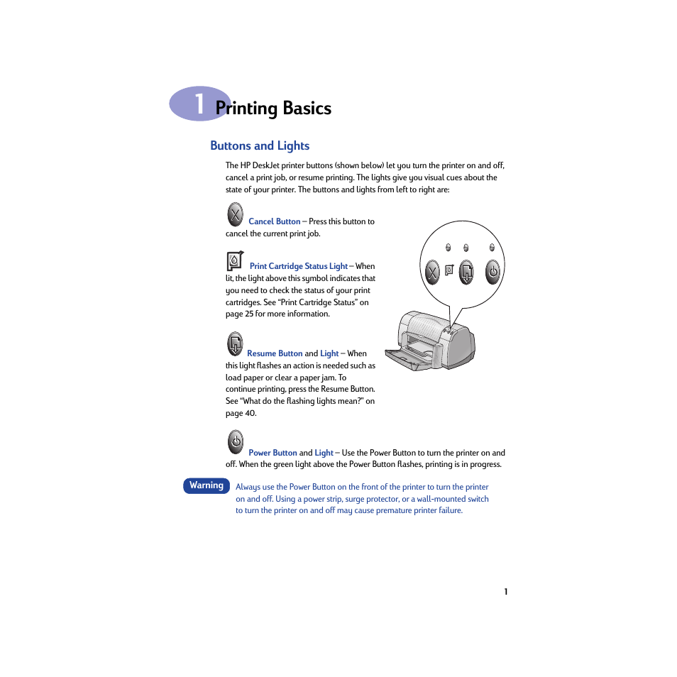 Printing basics, Buttons and lights, Chapter 1 printing basics | HP Deskjet 932c Printer User Manual | Page 7 / 74