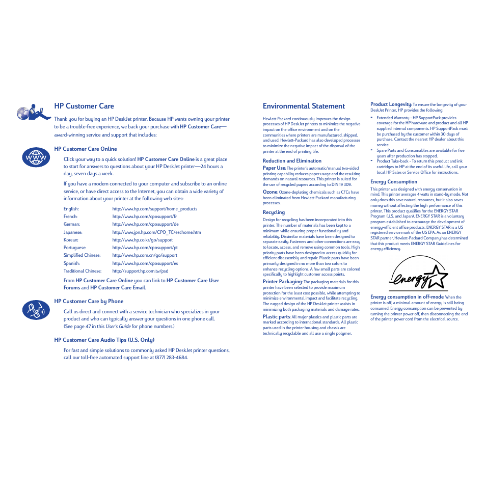 Hp customer care, Environmental statement | HP Deskjet 932c Printer User Manual | Page 74 / 74