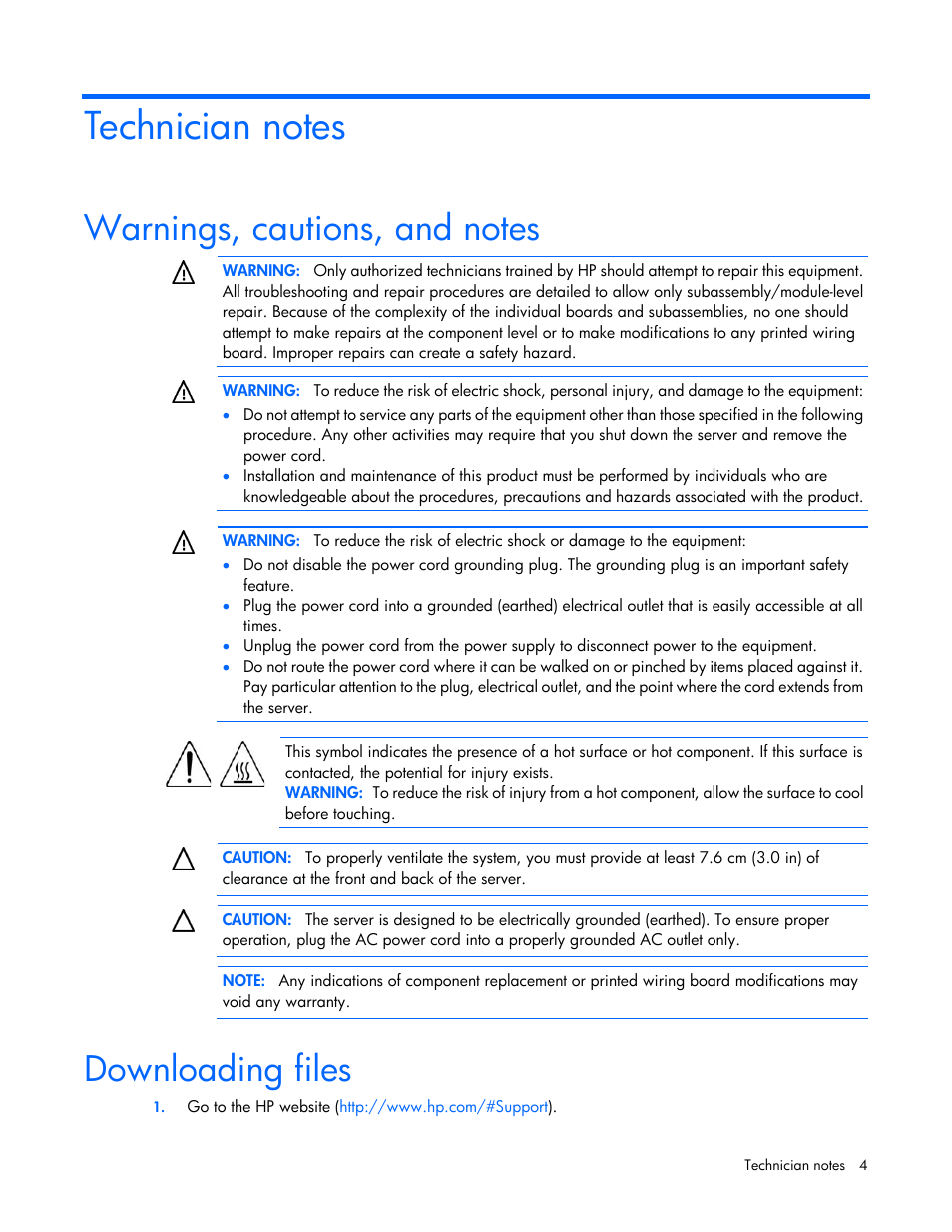 Technician notes, Warnings, cautions, and notes, Downloading files | HP Ethernet 10Gb 2-port 530FLR-SFP Adapter User Manual | Page 4 / 17