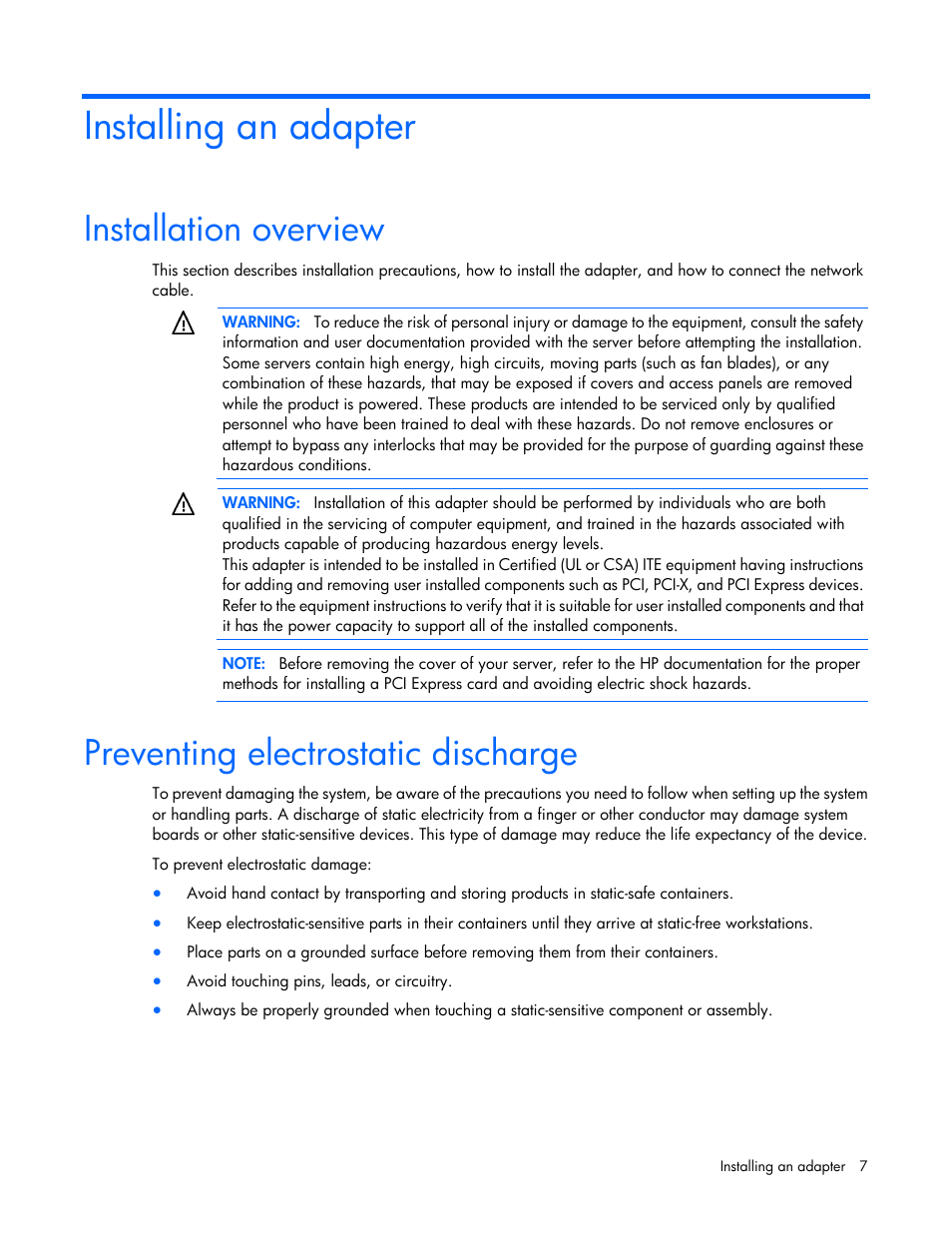 Installing an adapter, Installation overview, Preventing electrostatic discharge | HP Ethernet 10Gb 2-port 530FLR-SFP Adapter User Manual | Page 7 / 17