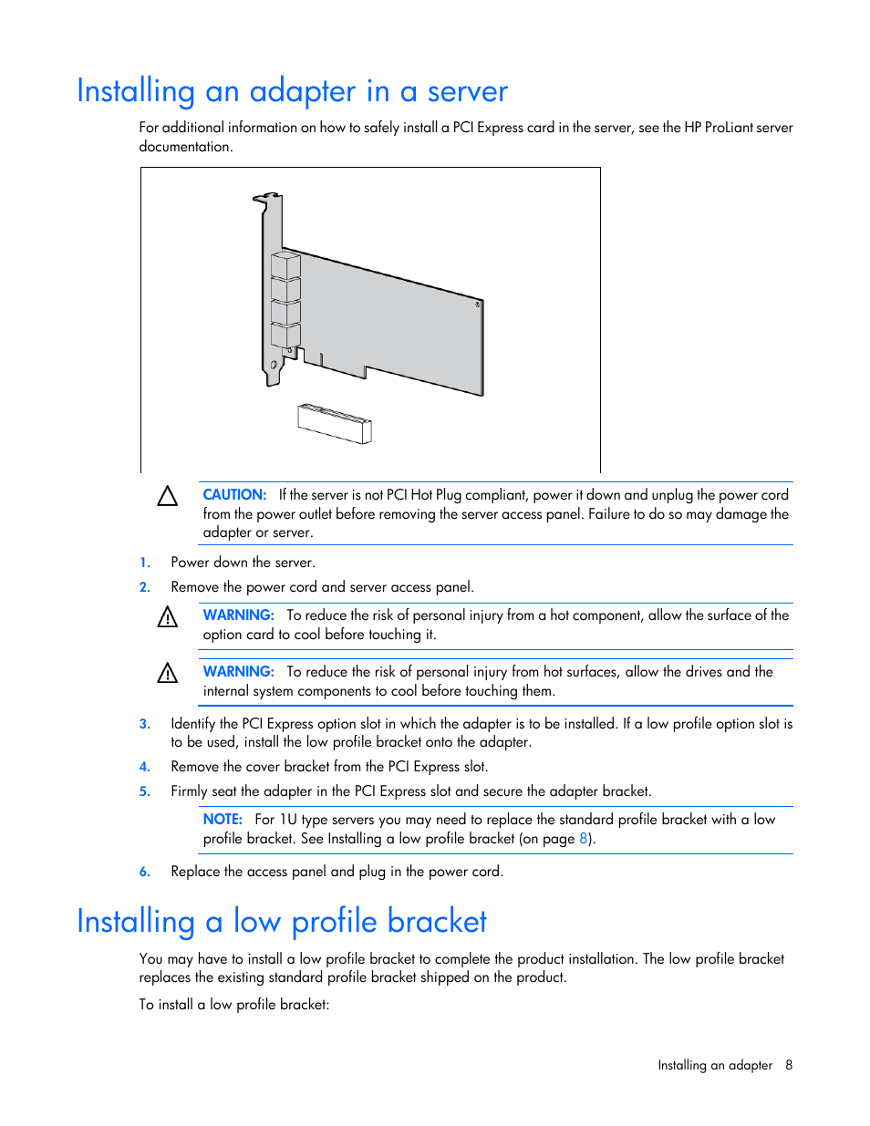 Installing an adapter in a server, Installing a low profile bracket | HP Ethernet 10Gb 2-port 530FLR-SFP Adapter User Manual | Page 8 / 17
