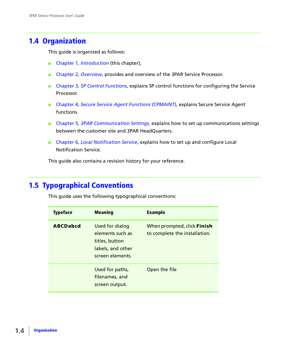 4 organization, 5 typographical conventions, Organization | Typographical conventions | HP 3PAR Service Processors User Manual | Page 10 / 80