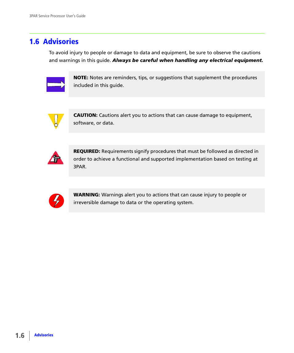 6 advisories, Advisories | HP 3PAR Service Processors User Manual | Page 12 / 80
