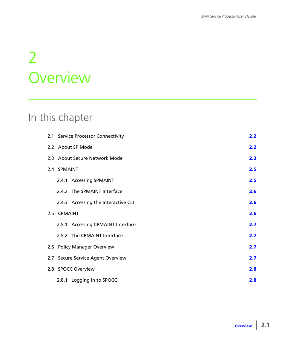 Overview, Chapter 2, overview, 2 overview | HP 3PAR Service Processors User Manual | Page 13 / 80