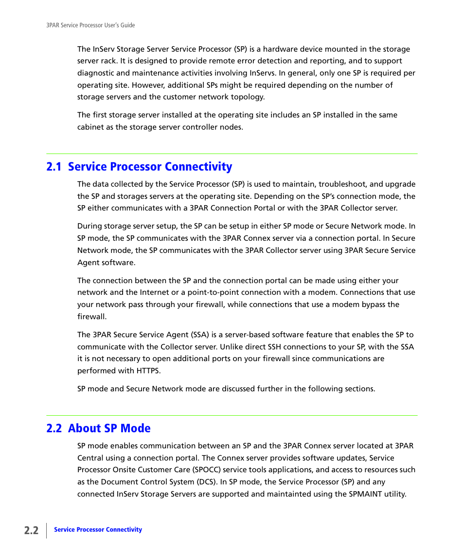 1 service processor connectivity, 2 about sp mode, Service processor connectivity | About sp mode | HP 3PAR Service Processors User Manual | Page 14 / 80
