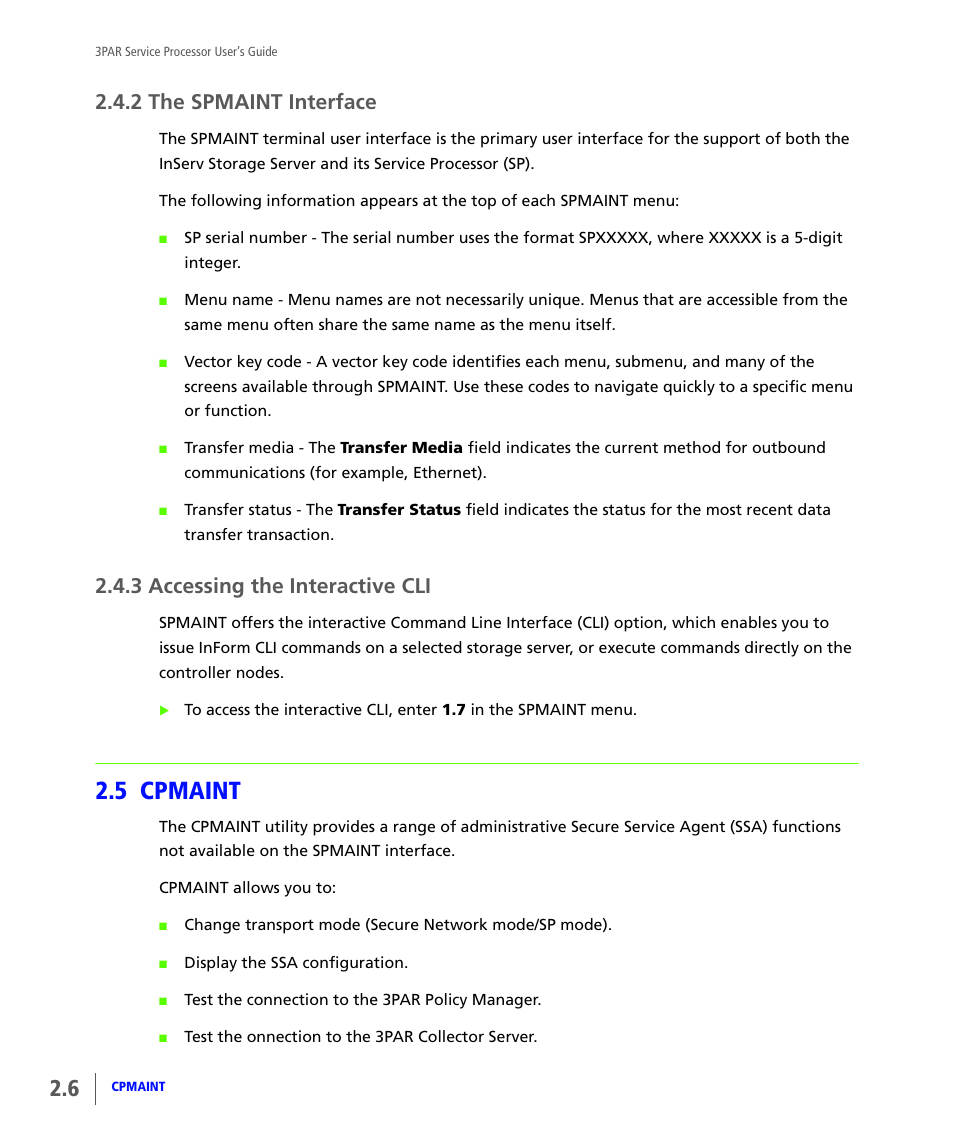 2 the spmaint interface, 3 accessing the interactive cli, 5 cpmaint | The spmaint interface, Accessing the interactive cli, Cpmaint | HP 3PAR Service Processors User Manual | Page 18 / 80