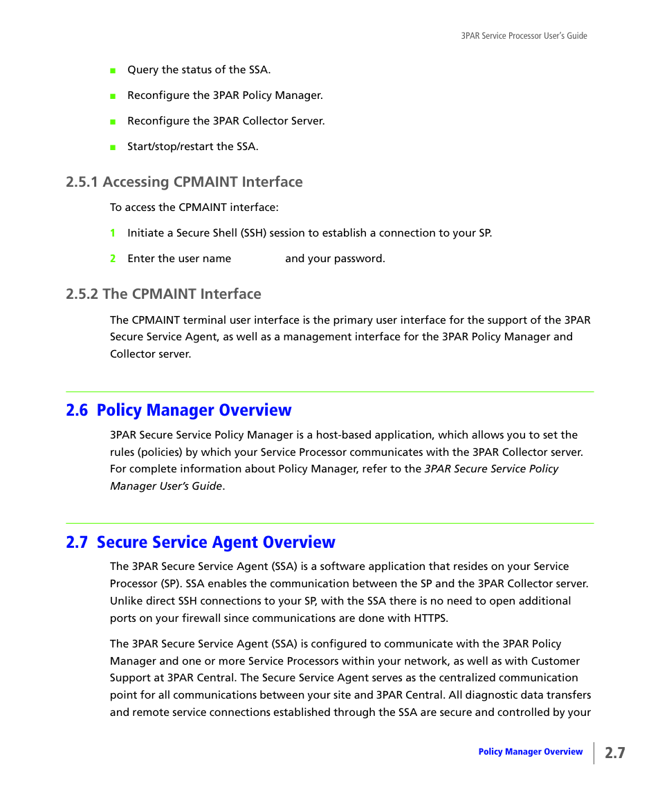 1 accessing cpmaint interface, 2 the cpmaint interface, 6 policy manager overview | 7 secure service agent overview, Accessing cpmaint interface, The cpmaint interface, Policy manager overview, Secure service agent overview | HP 3PAR Service Processors User Manual | Page 19 / 80