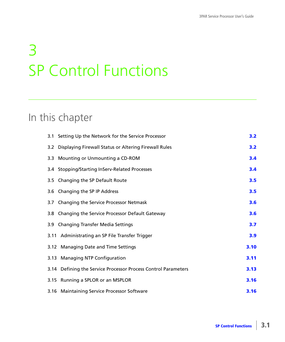 Sp control functions, Chapter 3, sp control functions, 3 sp control functions | HP 3PAR Service Processors User Manual | Page 23 / 80