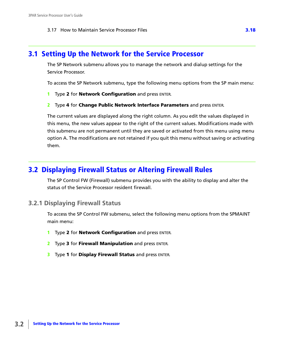 1 setting up the network for the service processor, 1 displaying firewall status, Setting up the network for the service processor | Displaying firewall status | HP 3PAR Service Processors User Manual | Page 24 / 80