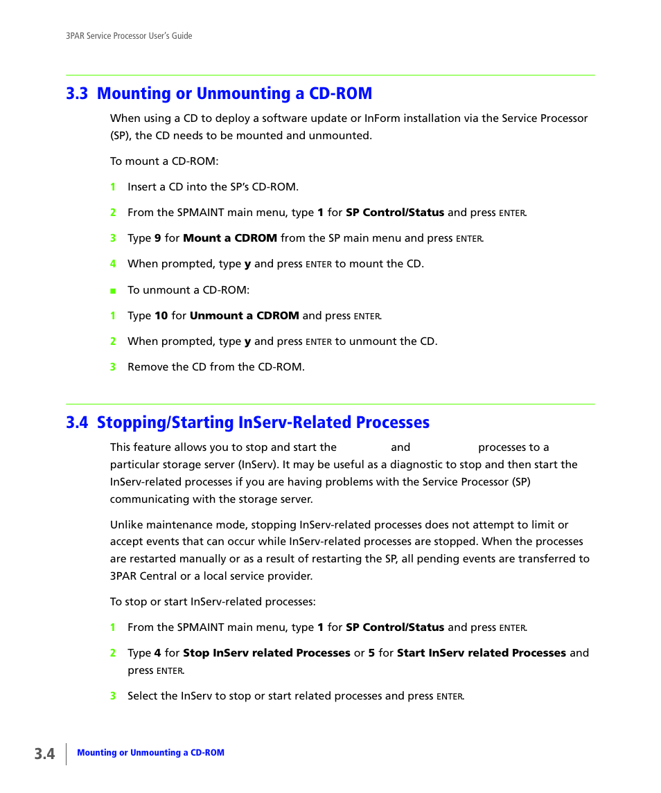 3 mounting or unmounting a cd-rom, 4 stopping/starting inserv-related processes, Mounting or unmounting a cd-rom | Stopping/starting inserv-related processes | HP 3PAR Service Processors User Manual | Page 26 / 80