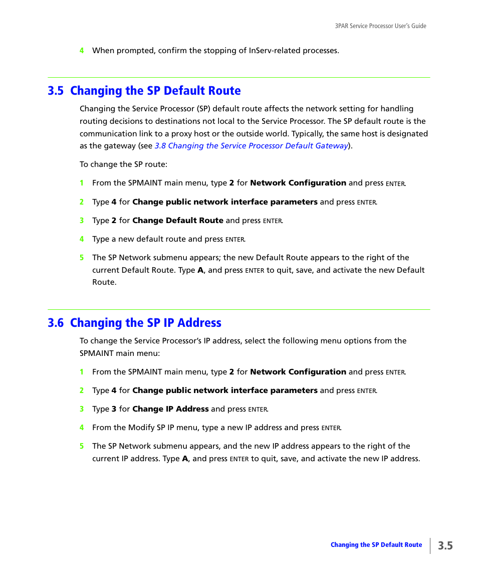 5 changing the sp default route, 6 changing the sp ip address, Changing the sp default route | Changing the sp ip address | HP 3PAR Service Processors User Manual | Page 27 / 80