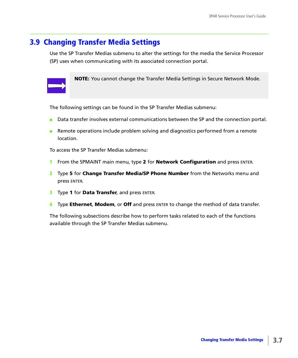 9 changing transfer media settings, Changing transfer media settings | HP 3PAR Service Processors User Manual | Page 29 / 80