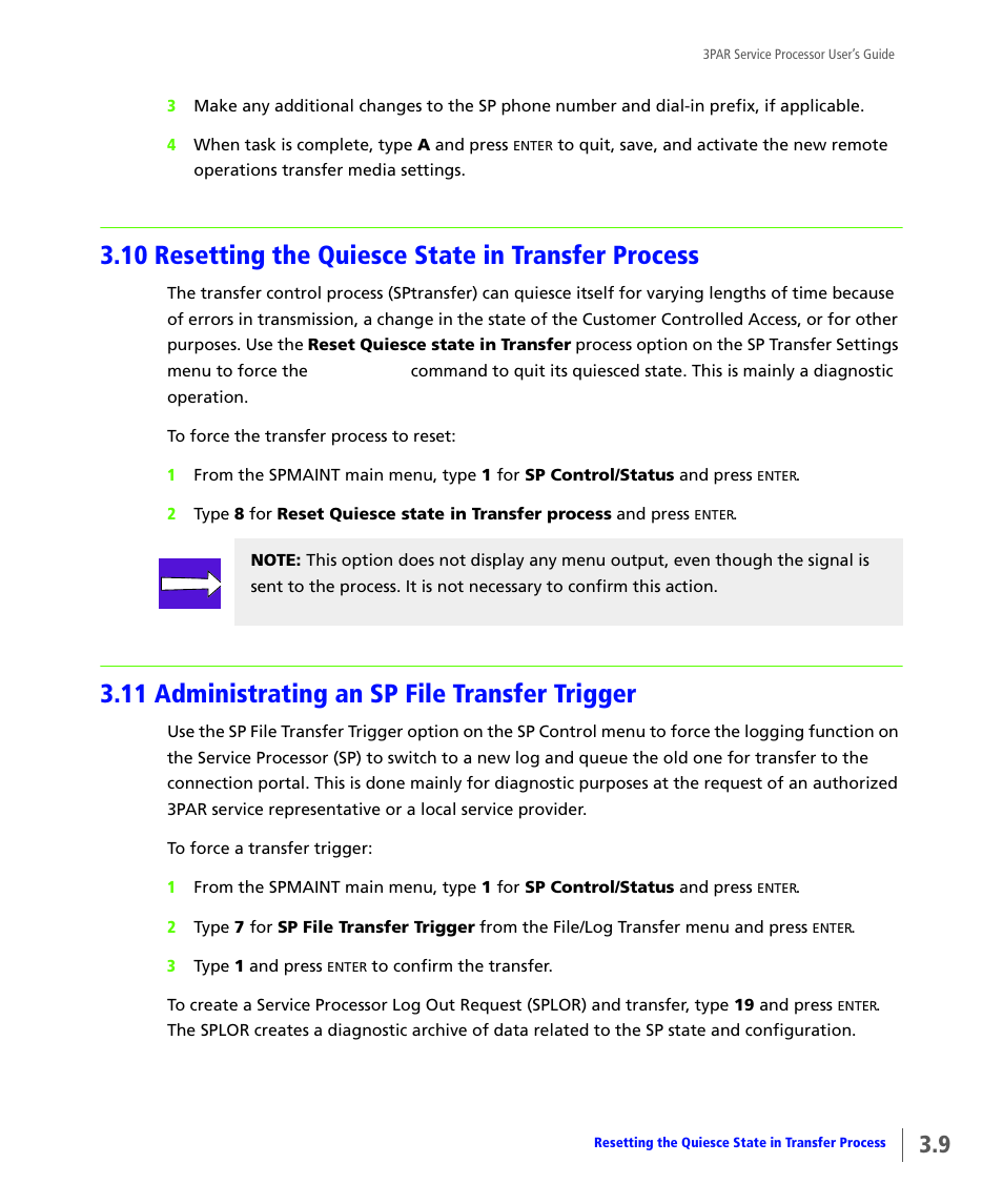 10 resetting the quiesce state in transfer process, 11 administrating an sp file transfer trigger, Resetting the quiesce state in transfer process | Administrating an sp file transfer trigger | HP 3PAR Service Processors User Manual | Page 31 / 80