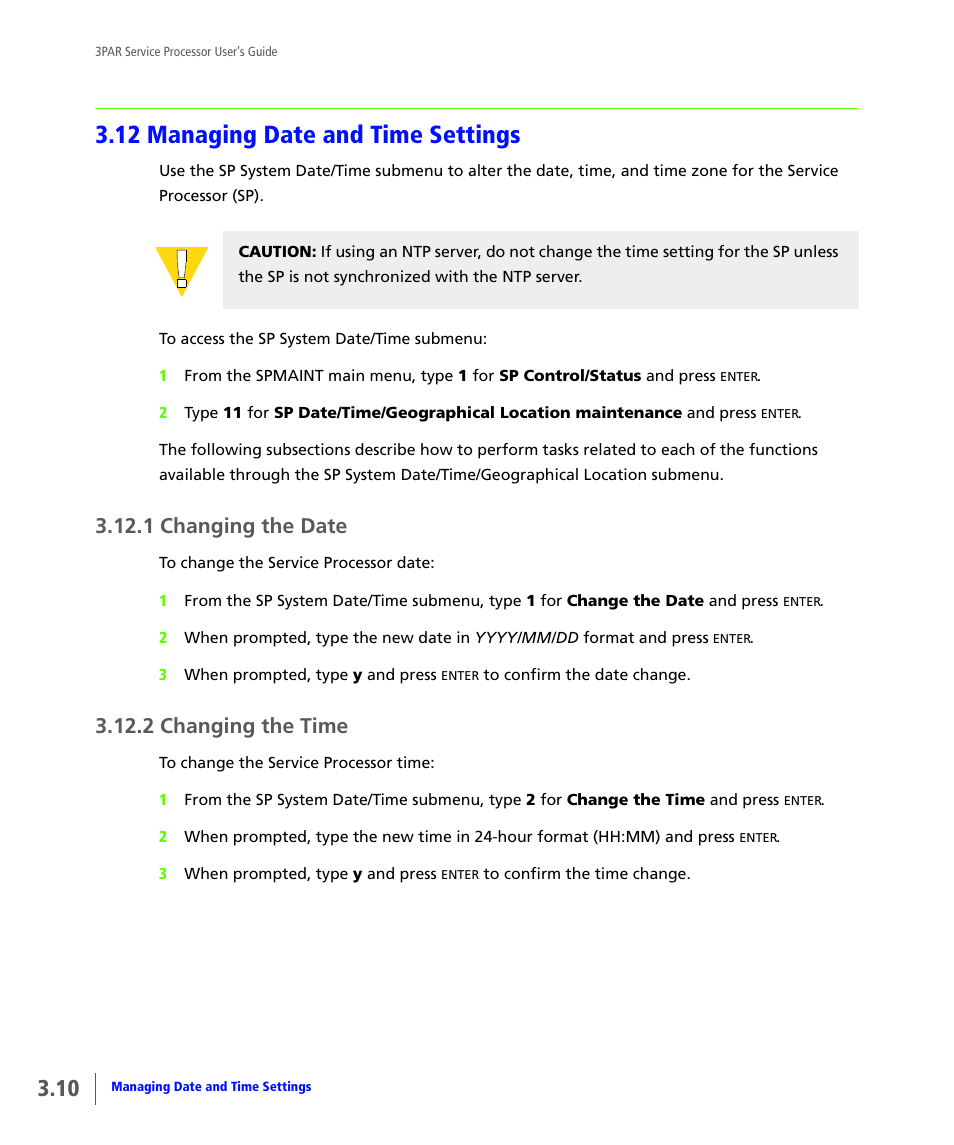 12 managing date and time settings, 1 changing the date, 2 changing the time | Managing date and time settings, Changing the date, Changing the time | HP 3PAR Service Processors User Manual | Page 32 / 80
