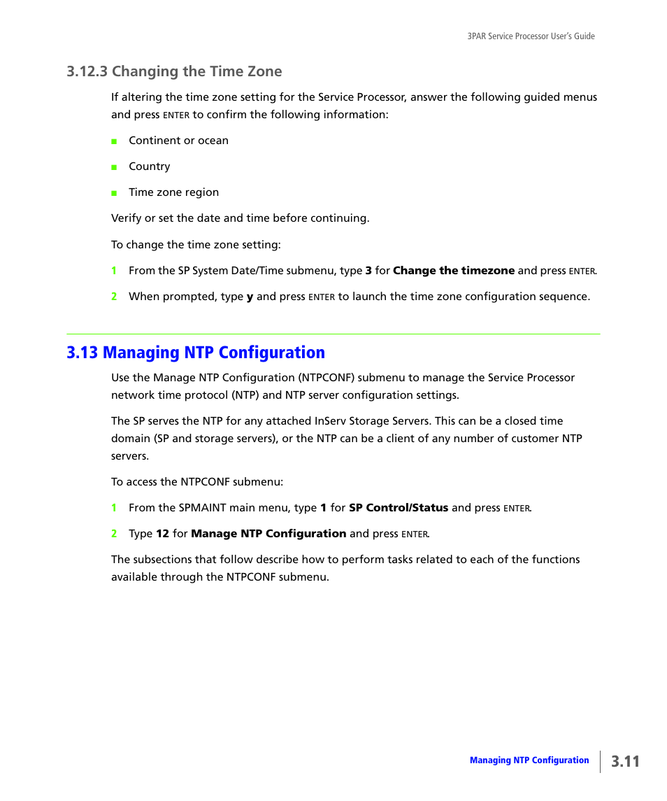 3 changing the time zone, 13 managing ntp configuration, Changing the time zone | Managing ntp configuration | HP 3PAR Service Processors User Manual | Page 33 / 80