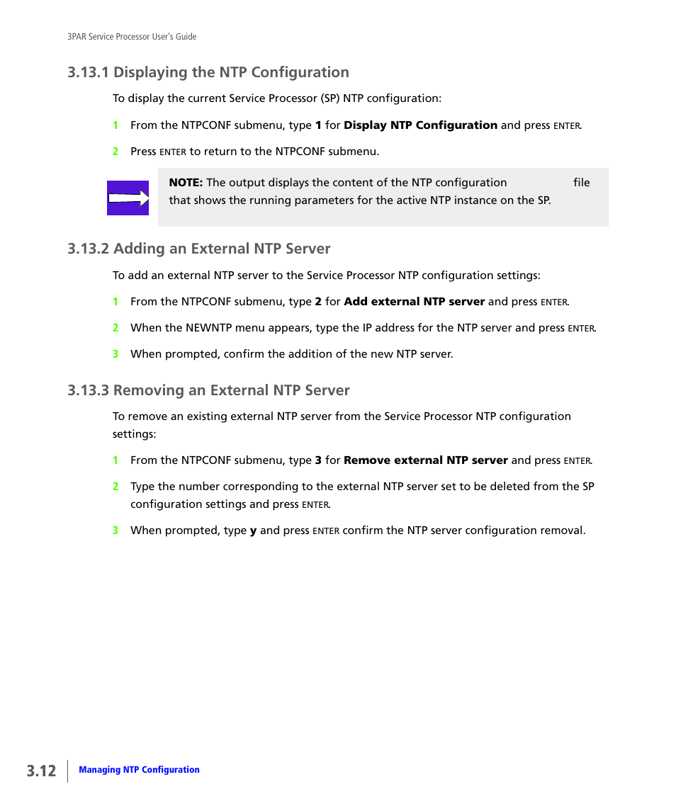 1 displaying the ntp configuration, 2 adding an external ntp server, 3 removing an external ntp server | Displaying the ntp configuration, Adding an external ntp server, Removing an external ntp server | HP 3PAR Service Processors User Manual | Page 34 / 80