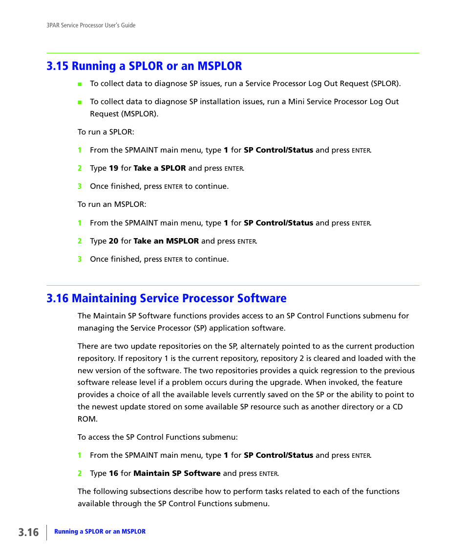 15 running a splor or an msplor, 16 maintaining service processor software, Running a splor or an msplor | Maintaining service processor software | HP 3PAR Service Processors User Manual | Page 38 / 80