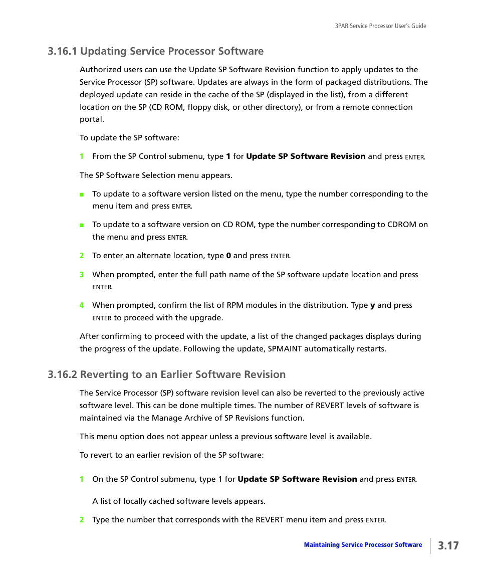 1 updating service processor software, 2 reverting to an earlier software revision, Updating service processor software | Reverting to an earlier software revision | HP 3PAR Service Processors User Manual | Page 39 / 80