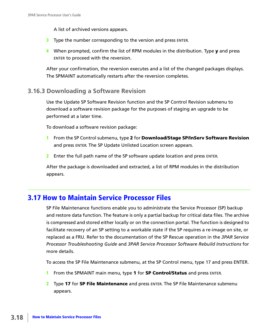 3 downloading a software revision, 17 how to maintain service processor files, Downloading a software revision | How to maintain service processor files | HP 3PAR Service Processors User Manual | Page 40 / 80