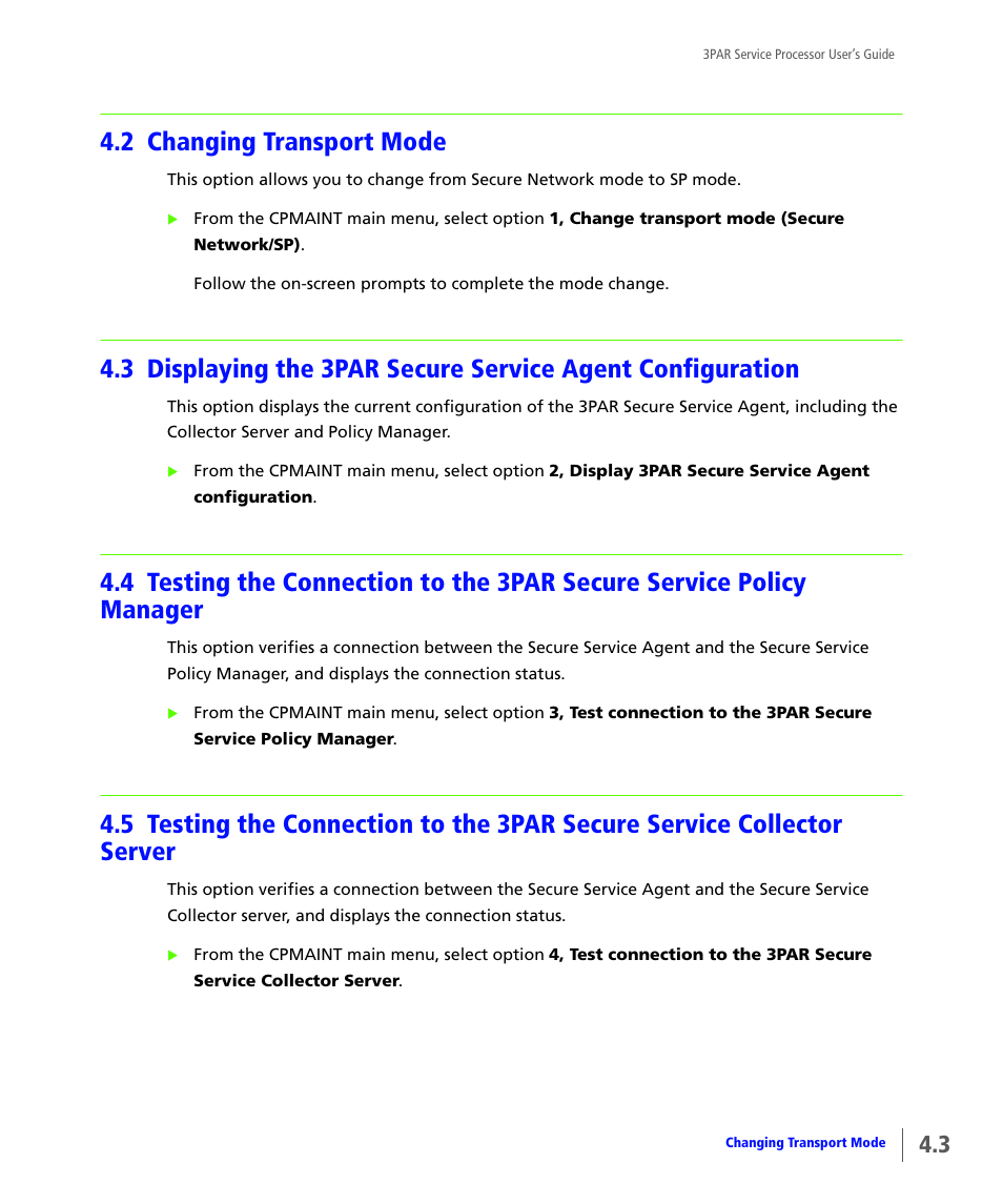 2 changing transport mode, Changing transport mode | HP 3PAR Service Processors User Manual | Page 45 / 80