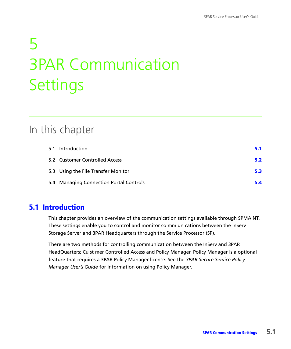 3par communication settings, 1 introduction, Introduction | Chapter 5, 3par communication settings, 5 3par communication settings | HP 3PAR Service Processors User Manual | Page 49 / 80