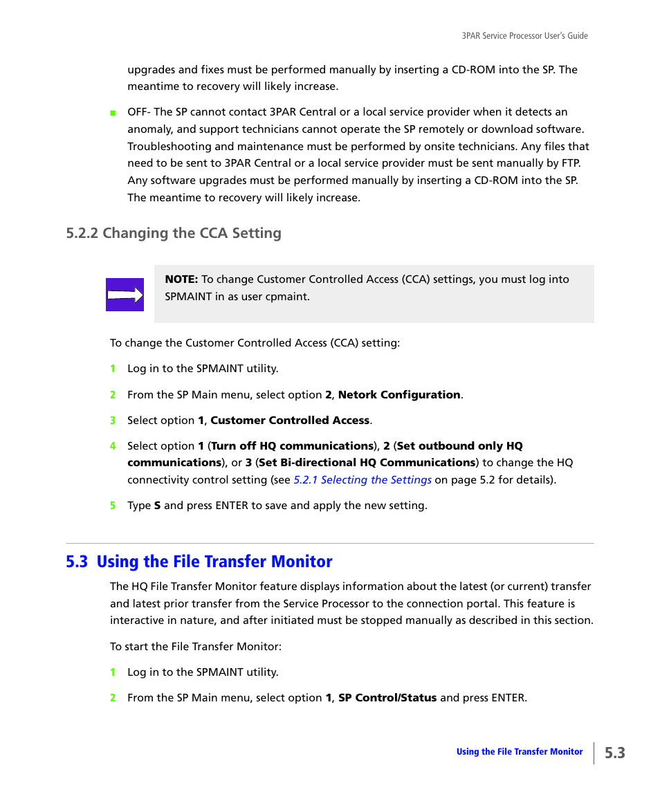 2 changing the cca setting, 3 using the file transfer monitor, Changing the cca setting | Using the file transfer monitor | HP 3PAR Service Processors User Manual | Page 51 / 80